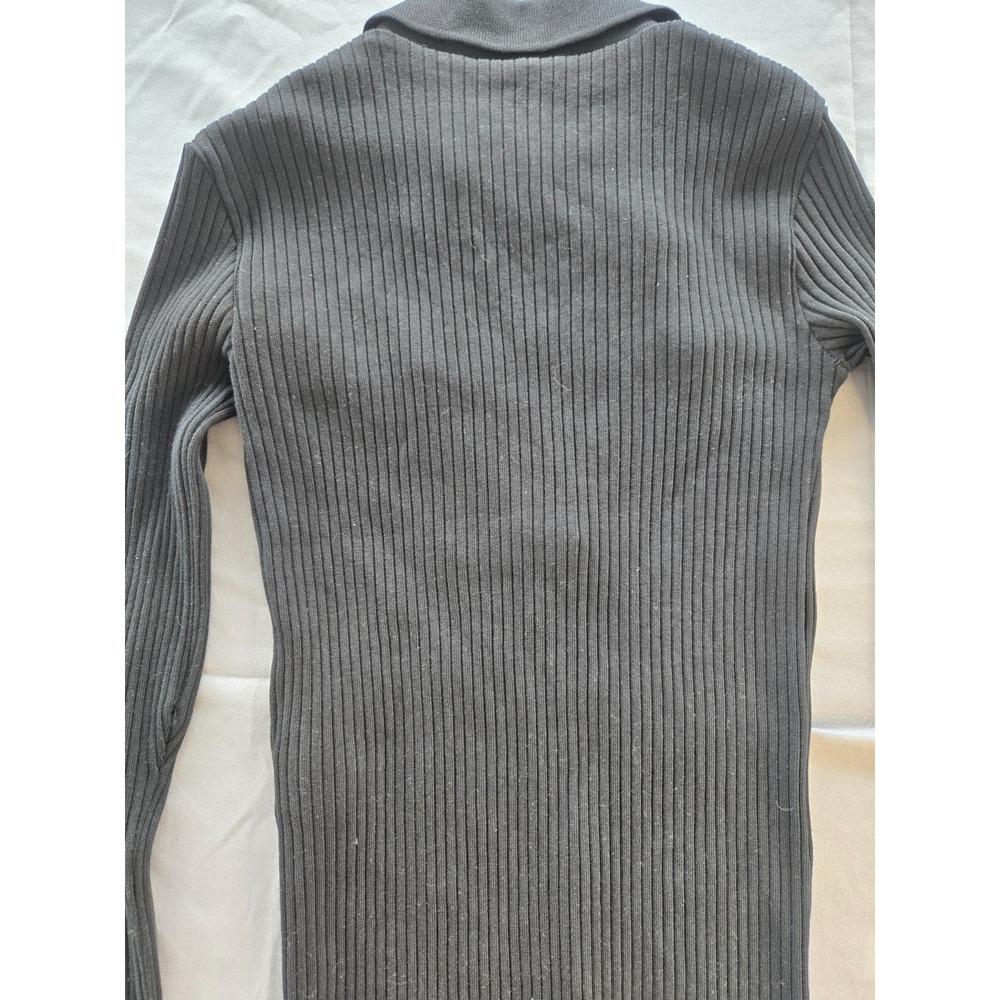 Zara Ribbed Collared Sweater V-Neck Cotton Front Fake Pockets Black Quiet Luxury - Picture 4 of 16